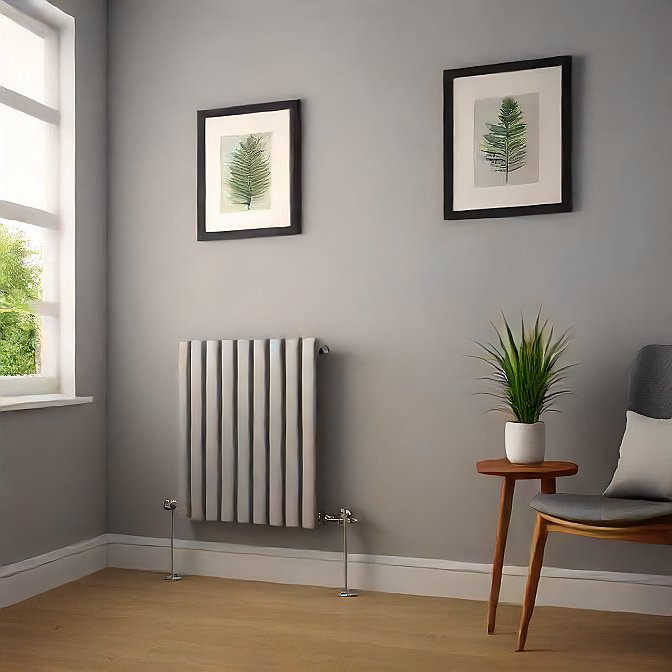 A sleek slim radiator mounted on a white wall in a modern living room.