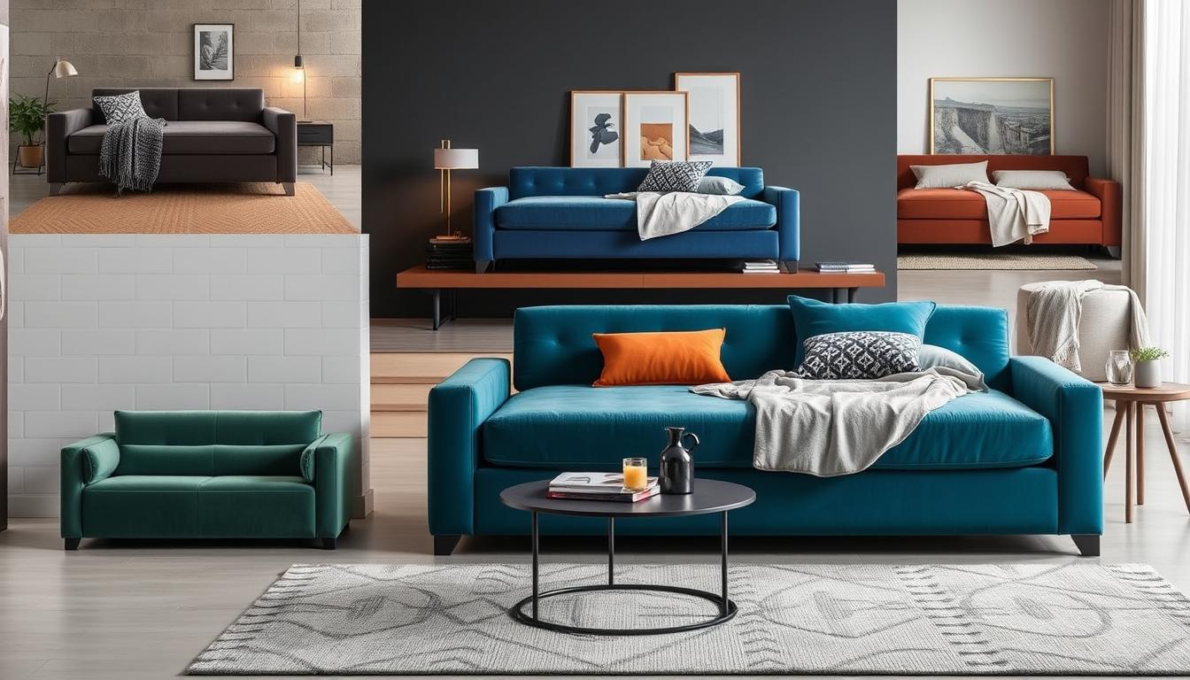 Illustration of a stylish sofa bed in a living room during a sale highlighting the ultimate guide to finding the best sofa bed deals